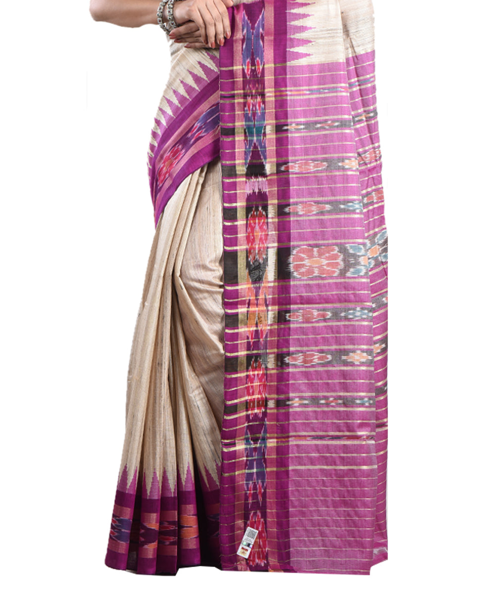 Beige purple handwoven tussar silk saree