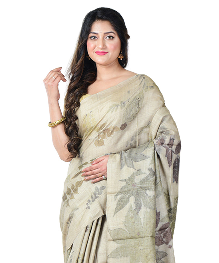 Beige grey  handprinted tussar silk saree