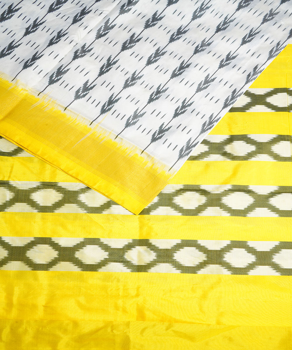 Offwhite yellow handwoven pochampally ikat silk saree