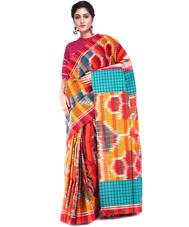 Multicolor orange cotton handloom gamcha saree