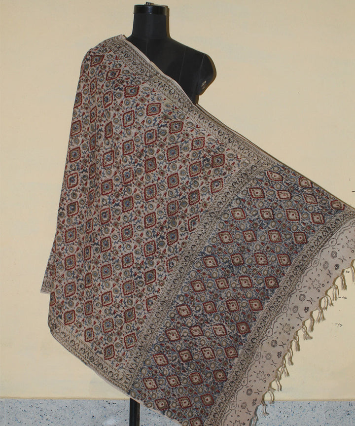 Beige maroon cotton hand printed kalamkari dupatta