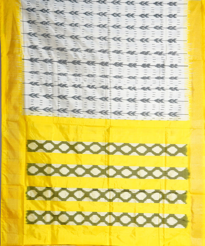 Offwhite yellow handwoven pochampally ikat silk saree