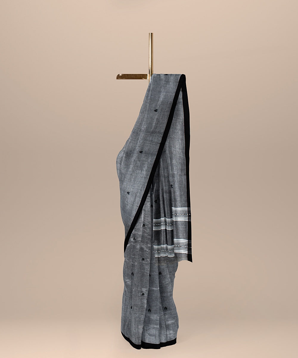 Grey black offwhite handloom cotton bengal saree