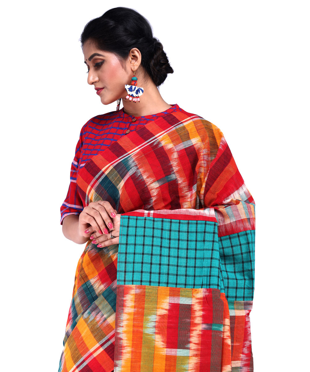 Multicolor orange cotton handloom gamcha saree