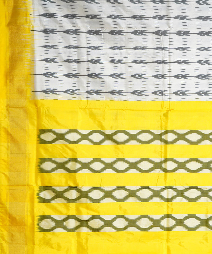 Offwhite yellow handwoven pochampally ikat silk saree