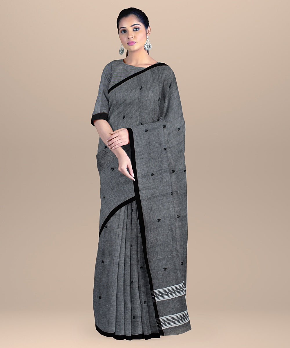 Grey black offwhite handloom cotton bengal saree