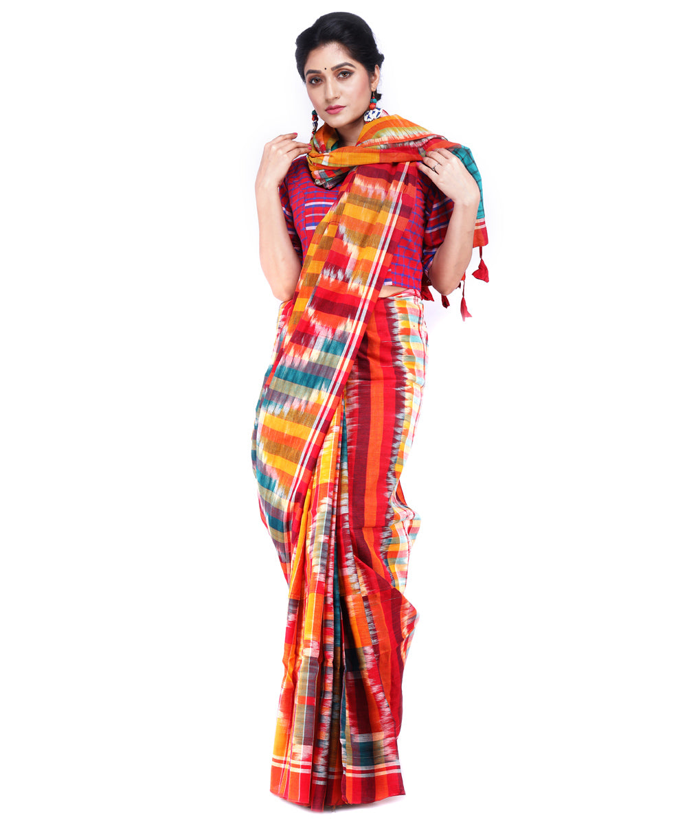 Multicolor orange cotton handloom gamcha saree