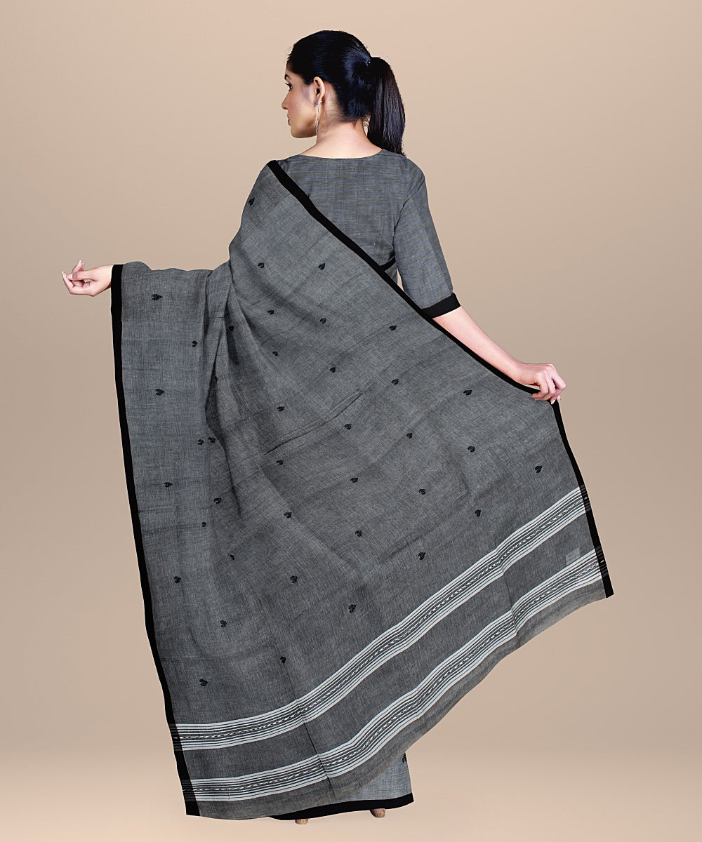 Grey black offwhite handloom cotton bengal saree