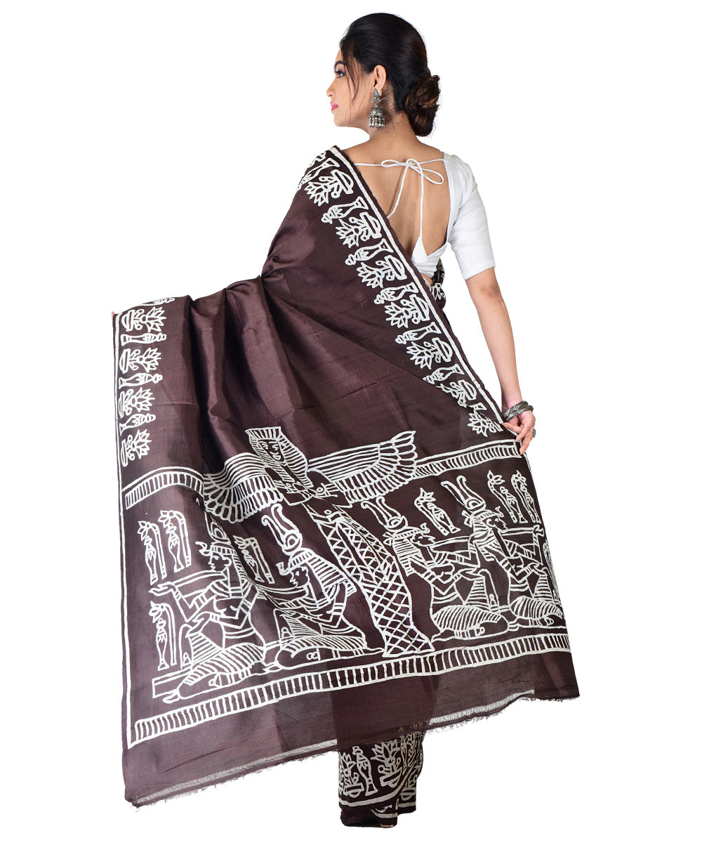 Black white hand printed silk saree