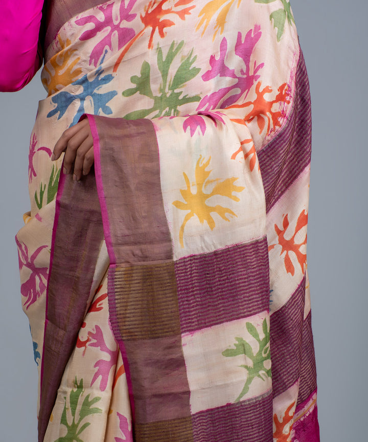 Cream mulberry silk hand painted batik saree
