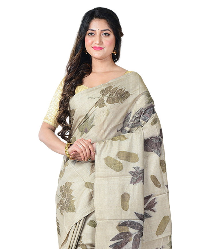 Beige grey  handprinted tussar silk saree