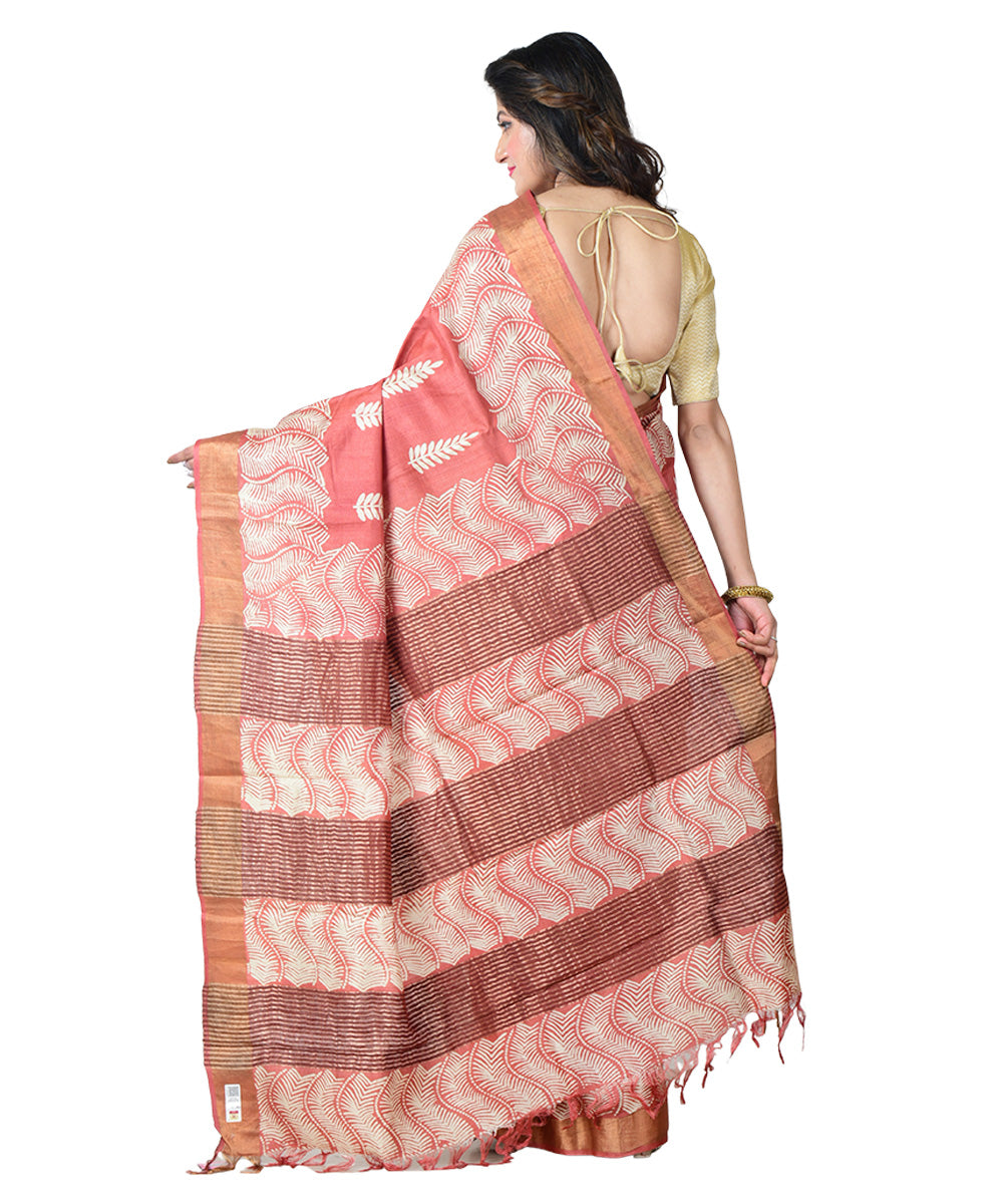 Red white block print handprinted tussar silk saree