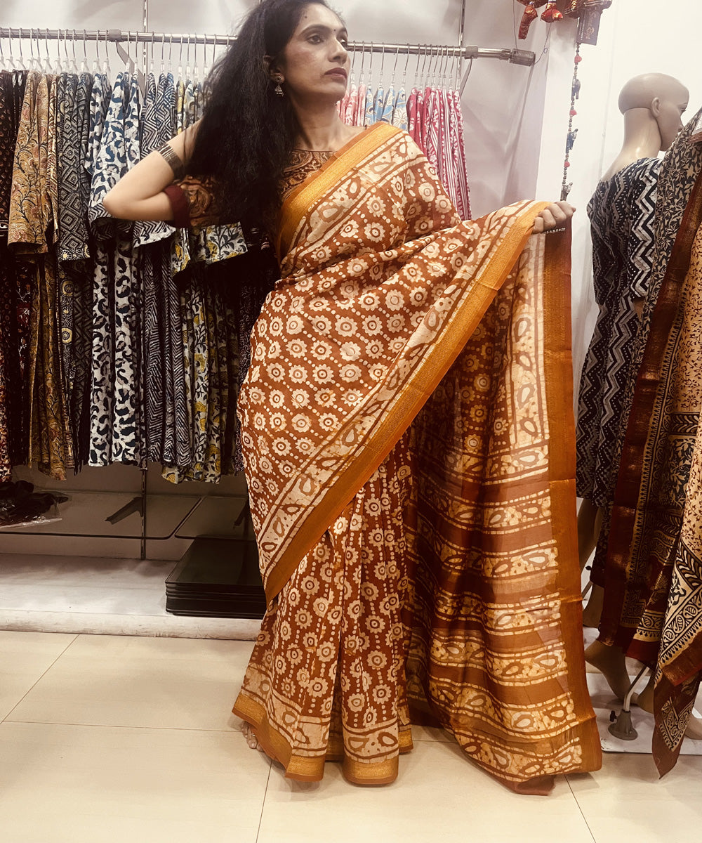 Rust hand block bagru printed maheswari sico saree