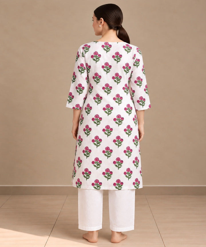 Pink white hand block printed pure cotton kurti