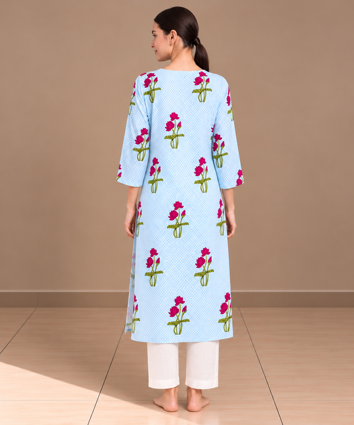 Aqua blue red lotus hand block printed pure cotton kurti