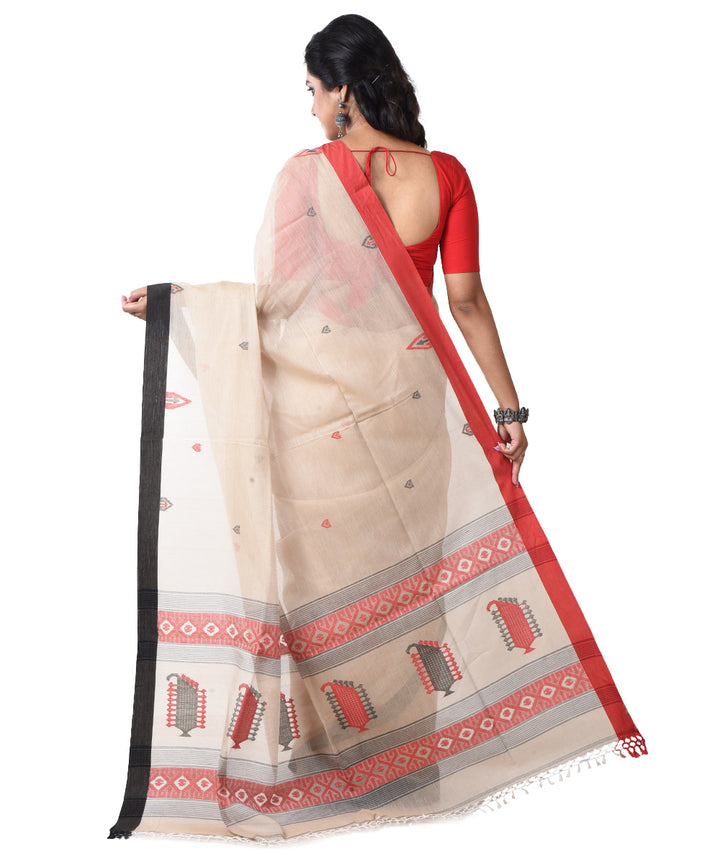 Beige black handloom cotton shantipuri saree