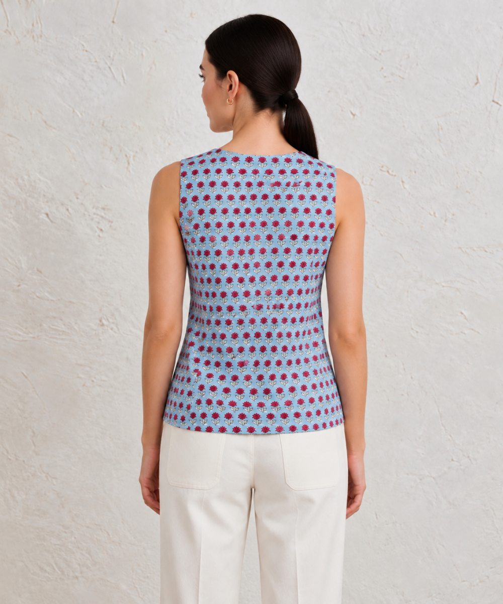 Aqua blue hand block printed cotton sleeveless top