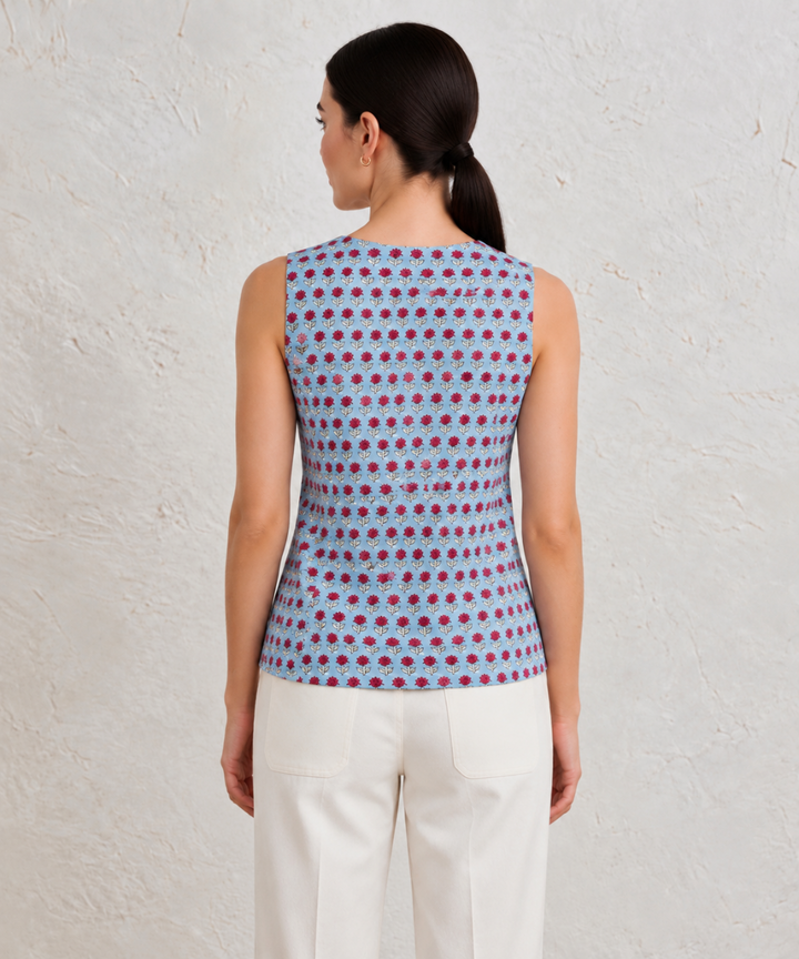 Aqua blue hand block printed cotton sleeveless top