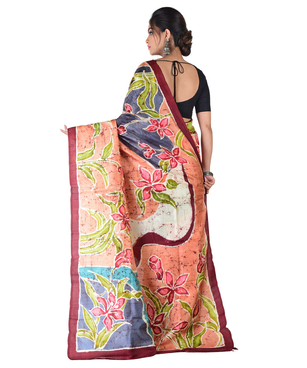Multicolor multicolor hand printed silk saree