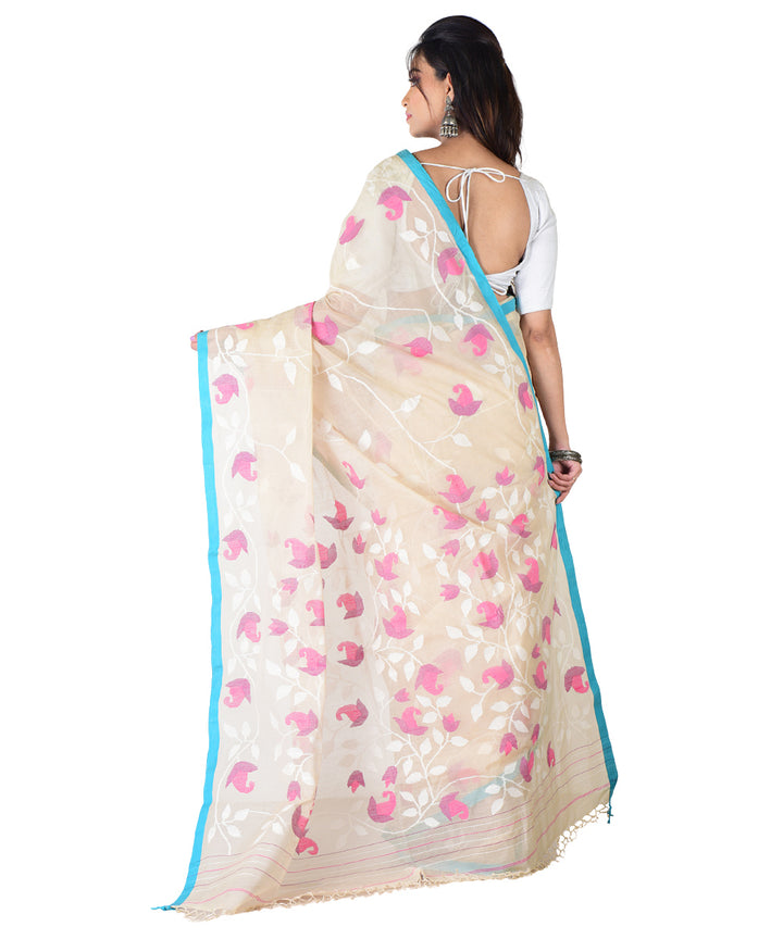 Beige sky blue multicolor handwoven cotton saree