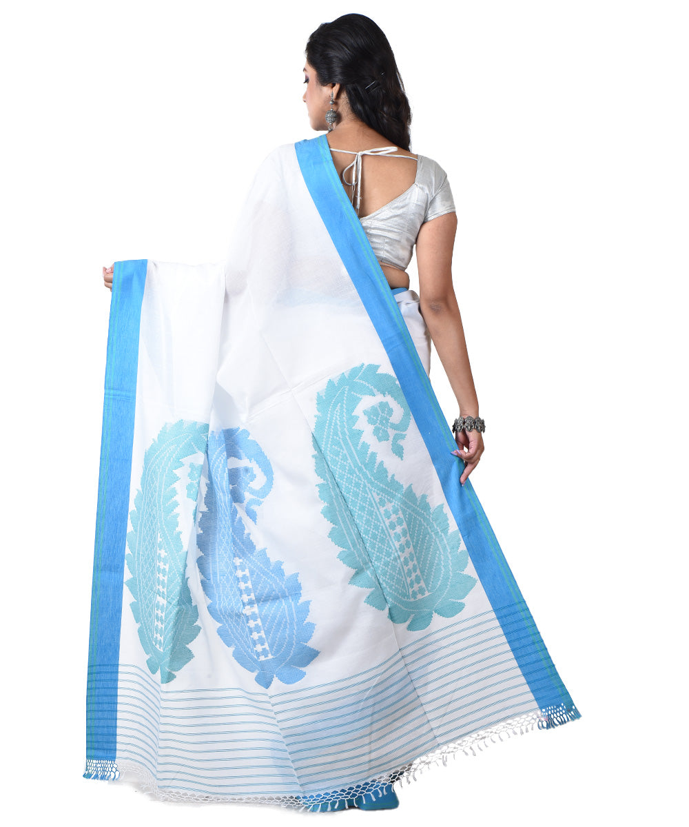 White cyan blue handloom cotton shantipuri saree