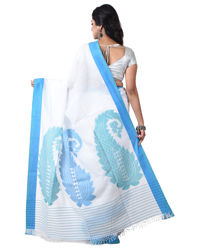 White cyan blue handloom cotton shantipuri saree