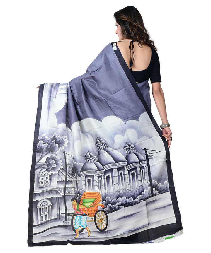 Grey white  hand painted silk saree
