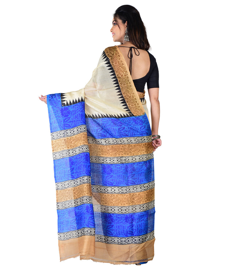 White navy blue hand printed silk saree