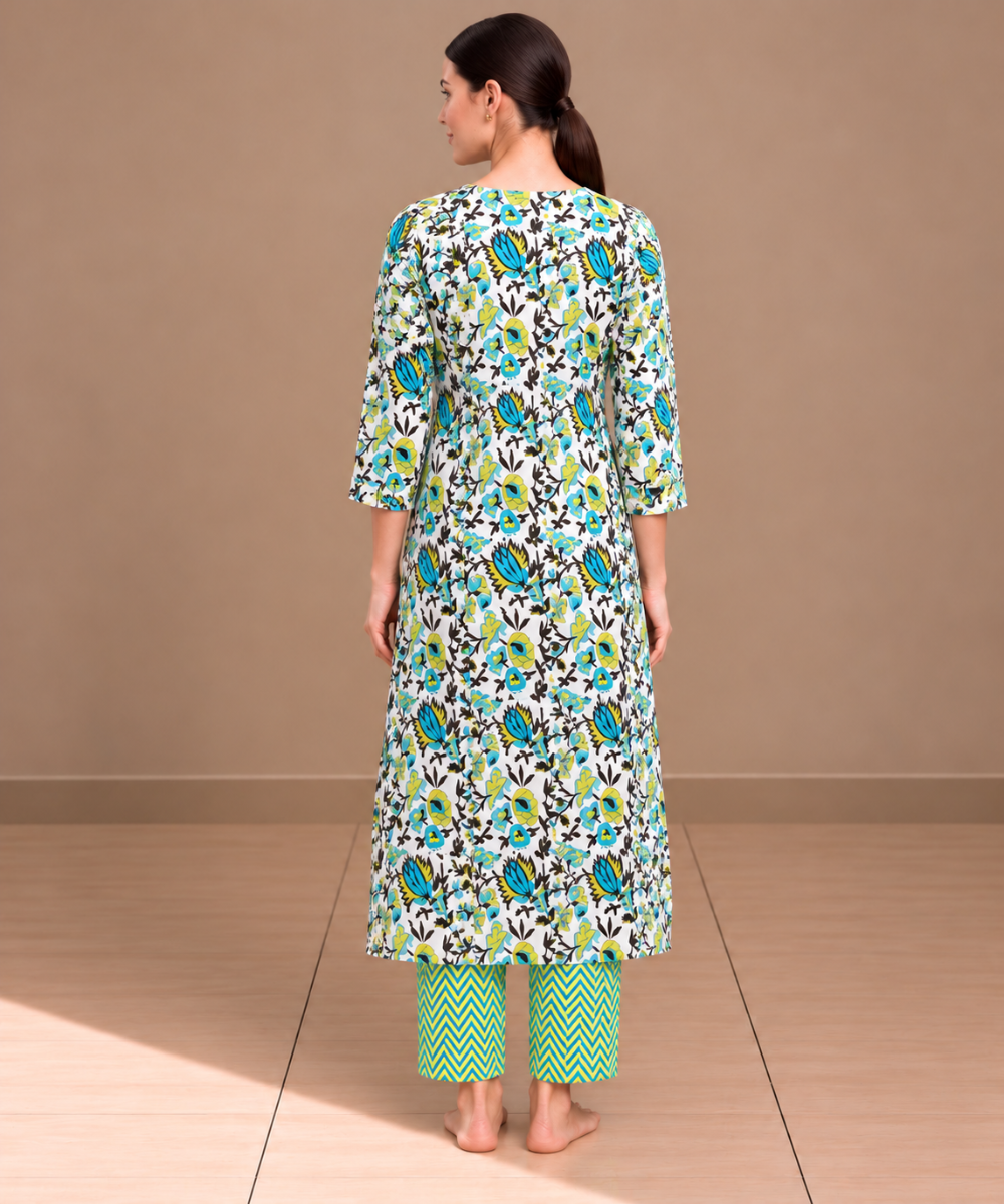 Green yellow hand block printed A line cotton Kurta set