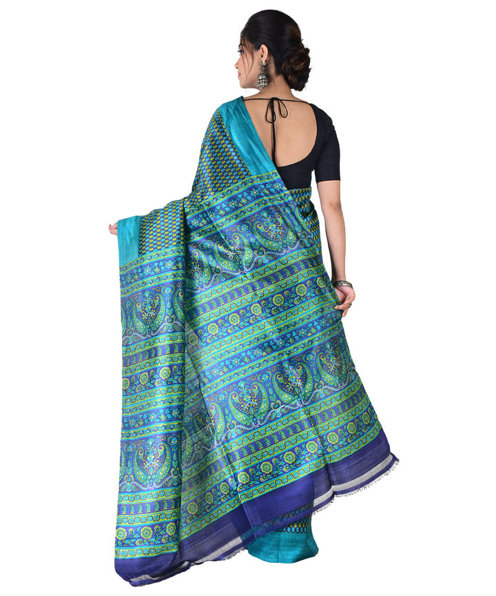 Dark green multicolor hand printed silk saree