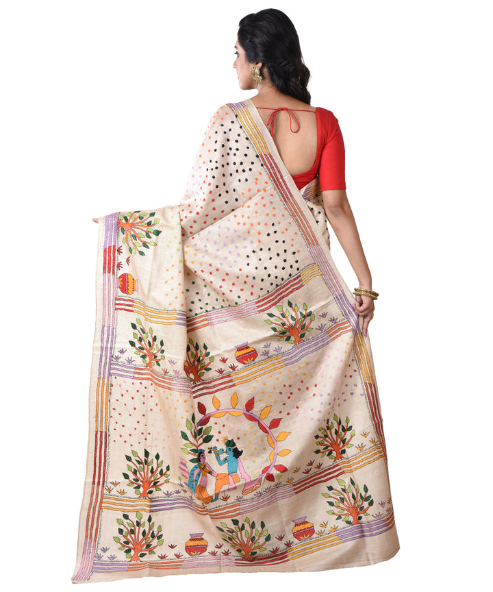 Beige floral tussar silk hand kantha stitchedsaree