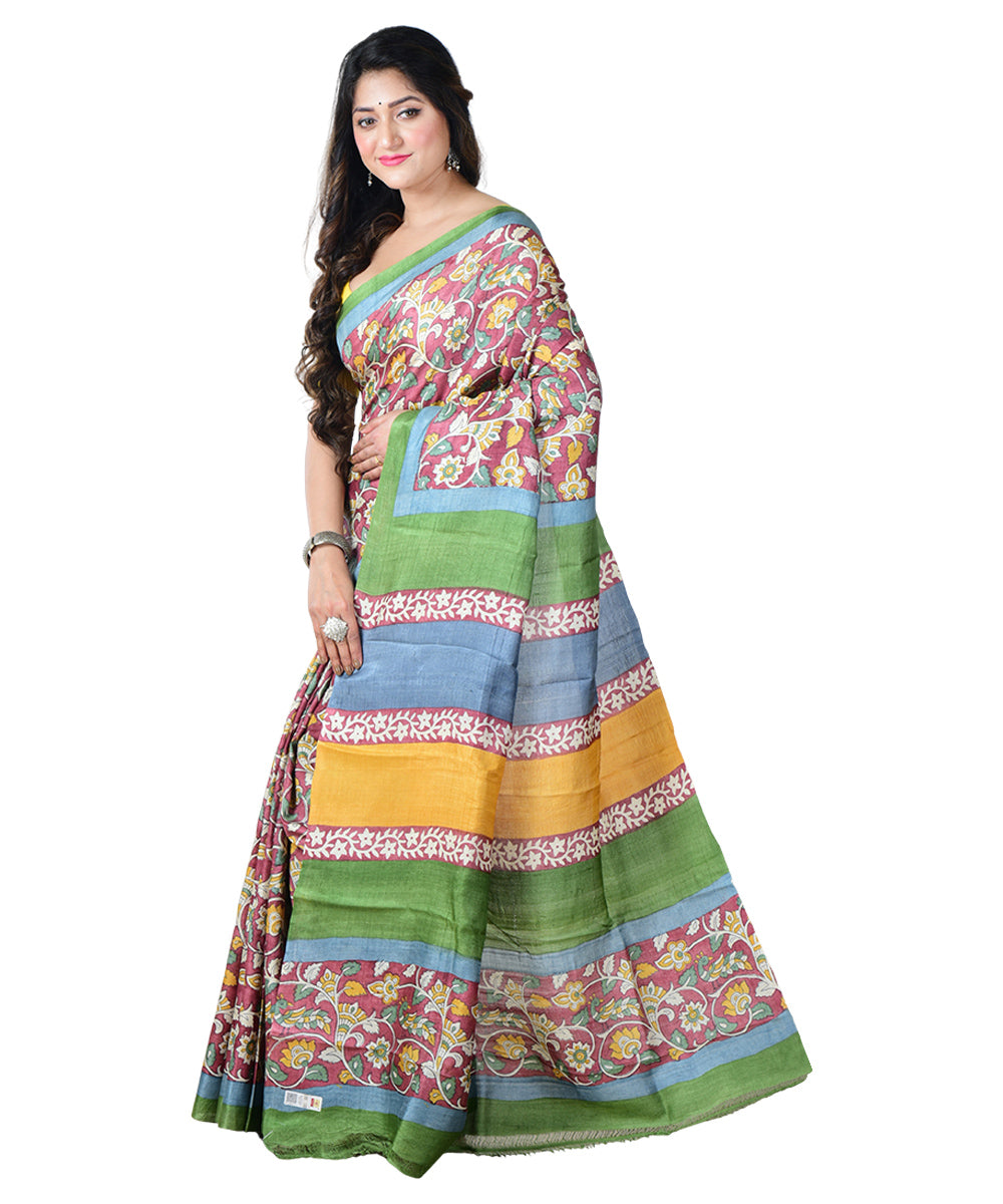 Multicolor maroon block print handprinted tussar silk saree