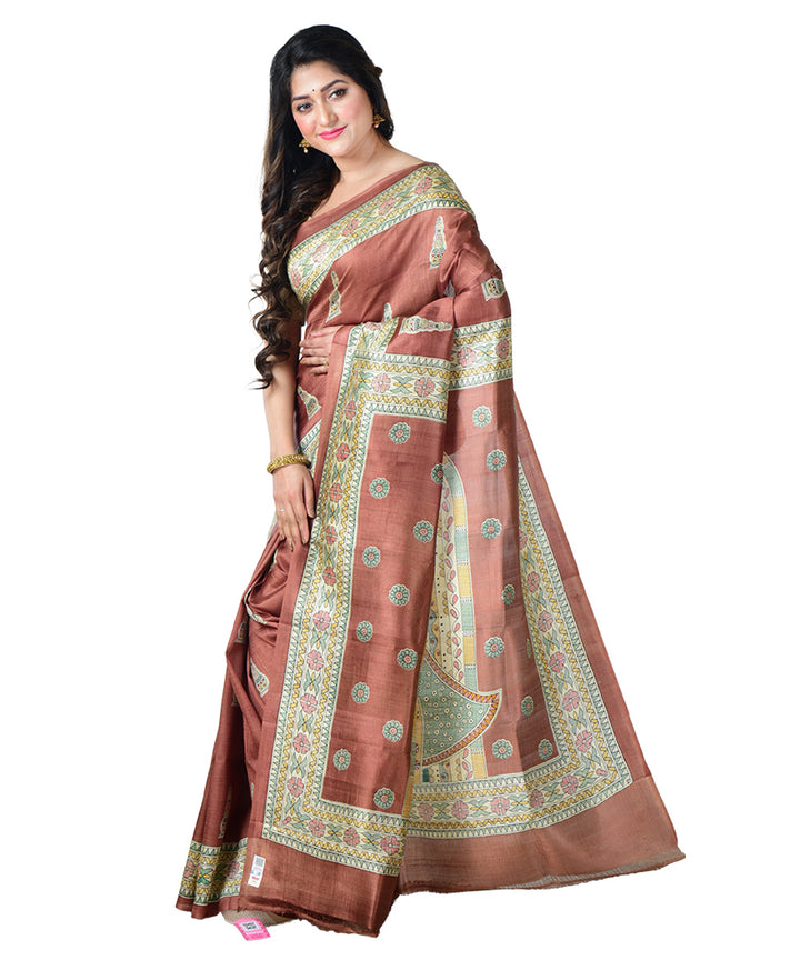 Brown multicolor  handprinted silk saree