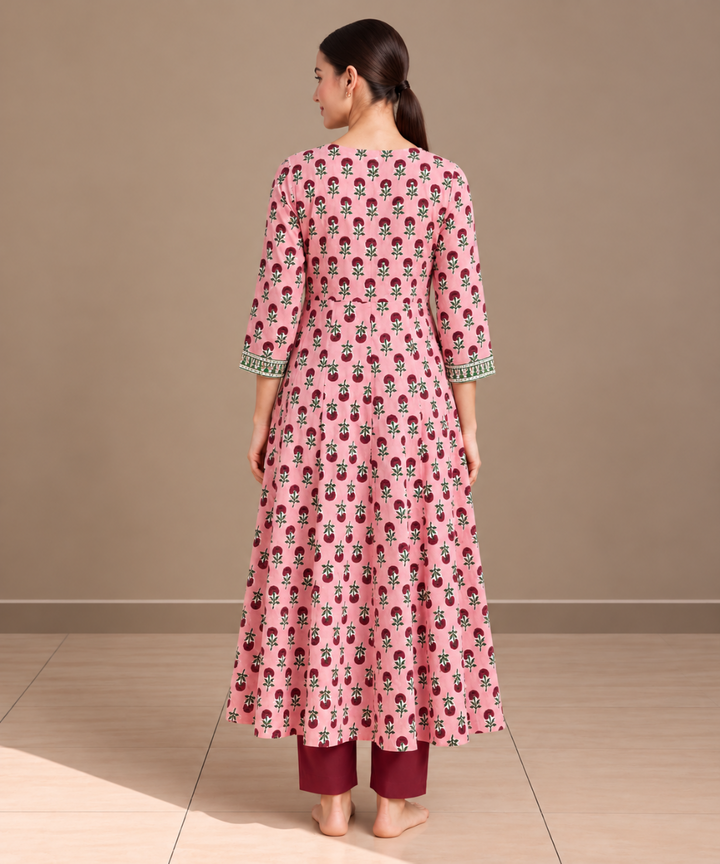 Peach and marron hand block printed Anarkali cotton Kurta set
