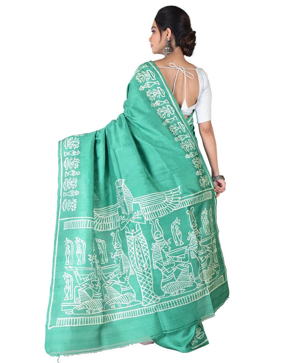Light green offwhite hand printed silk saree