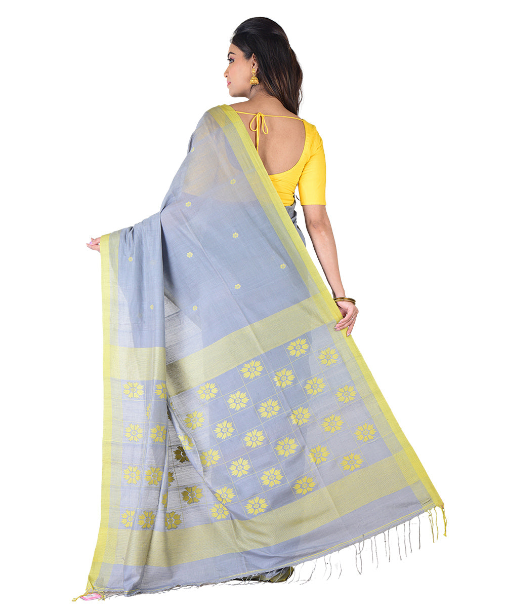 Grey yellow handwoven cotton silk saree