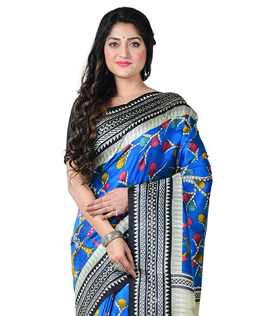 Navy blue Black block print handprinted silk saree