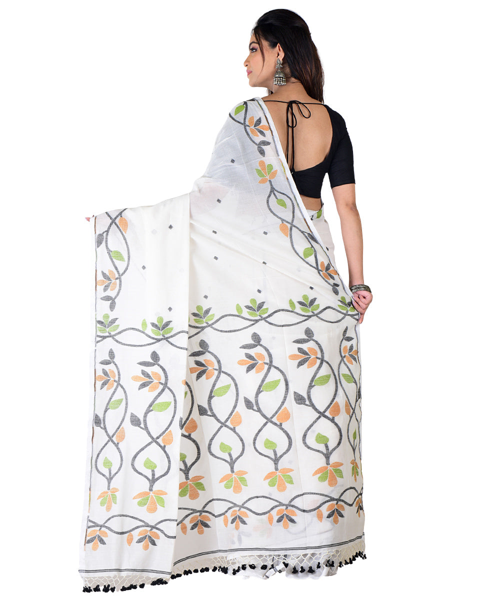 White multicolor handwoven cotton saree