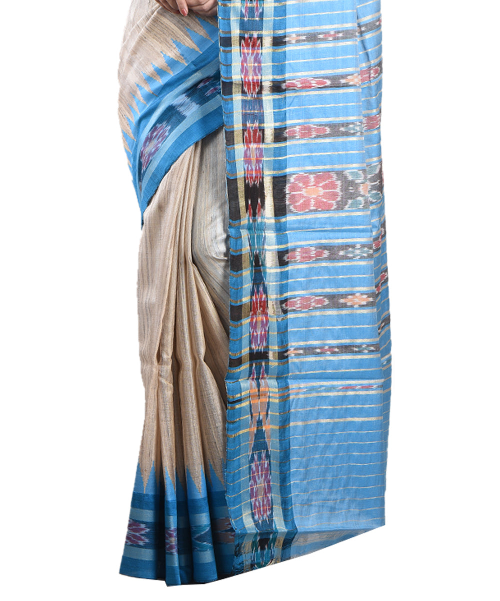 Beige cyan blue handwoven tussar silk saree