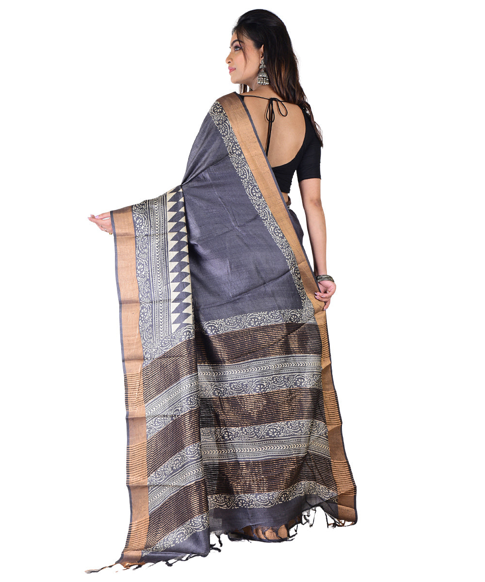 Black multicolor hand printed tussar silk saree