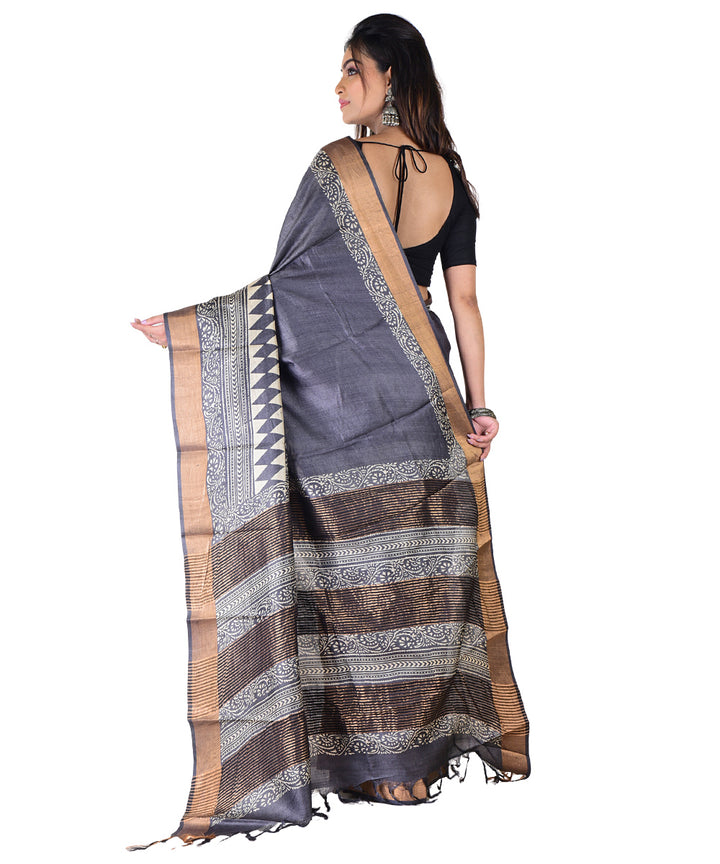 Black multicolor hand printed tussar silk saree