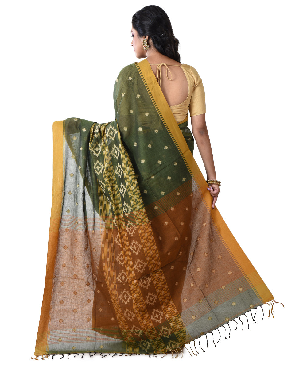 Dark green shantipuri handloom cotton saree