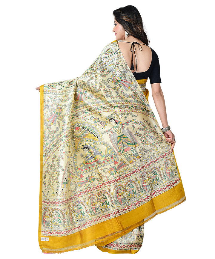 Yellow multicolor block print handprinted silk saree