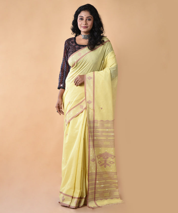 Yellow cotton handloom jamdani saree
