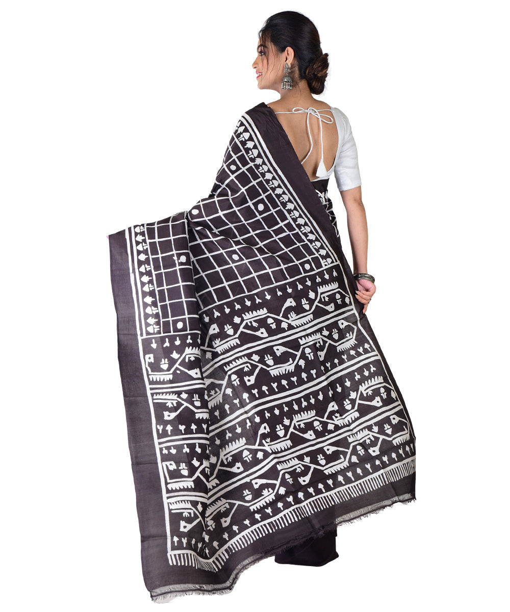 Black offwhite hand batik printed silk saree