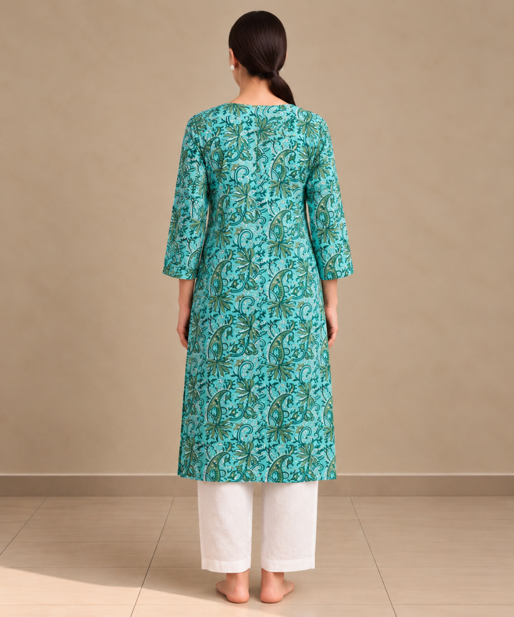 Turquoise and green hand block printed pure cotton kurti