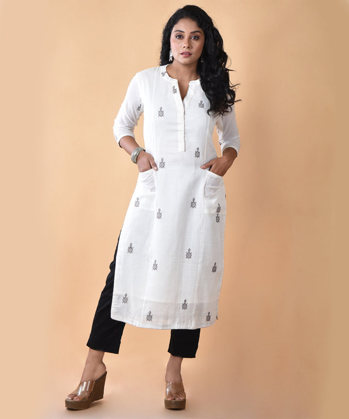 White handwoven cotton jamdani straight kurti