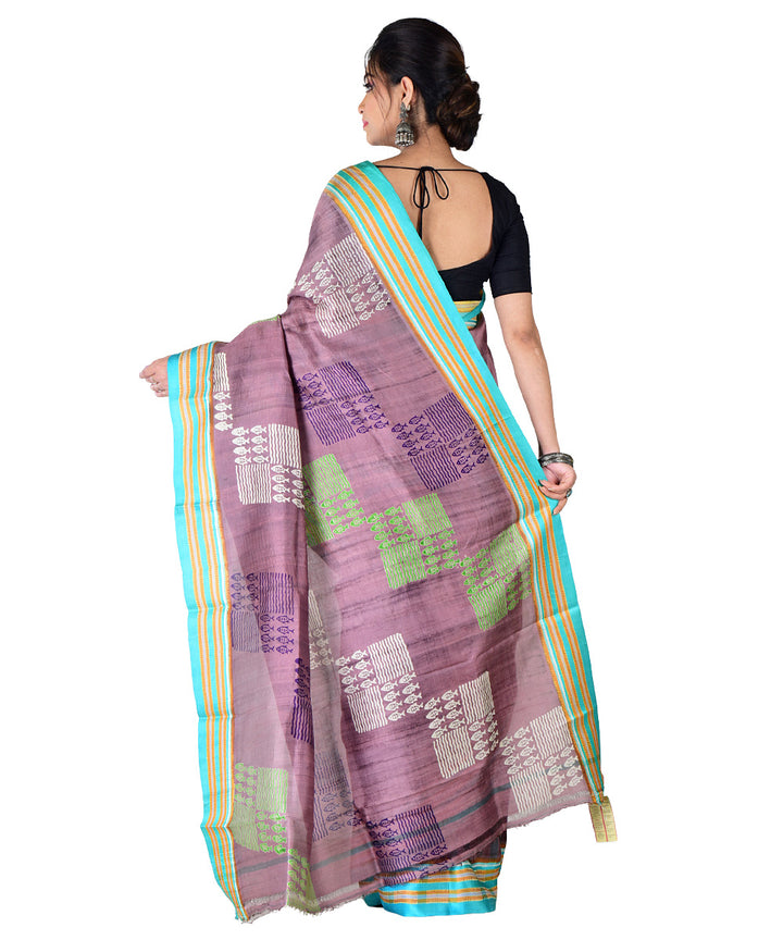 Brown light green hand printed silk saree