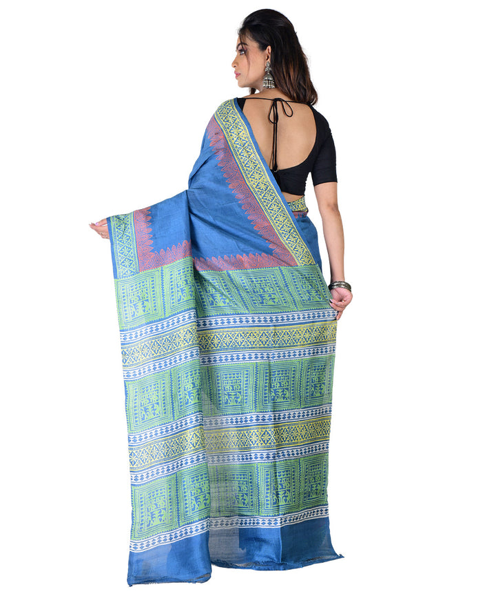 Cyan blue multicolor hand printed silk saree