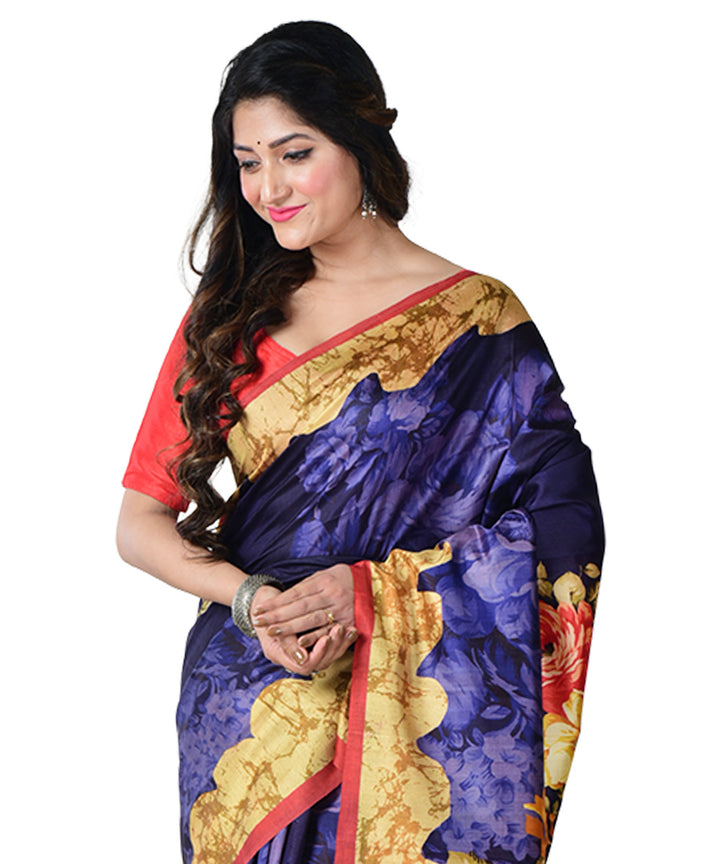 Navy blue multicolor block print handprinted silk saree